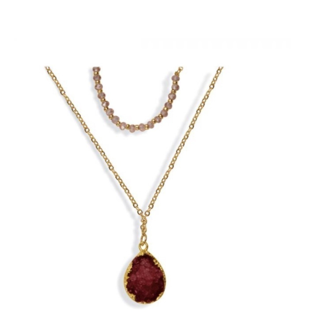 Golden double layer necklace, natural druzy stone